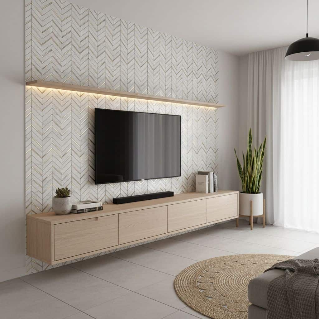 Modern living room featuring peel and stick wall tile behind TV, with minimalist decor and natural light.