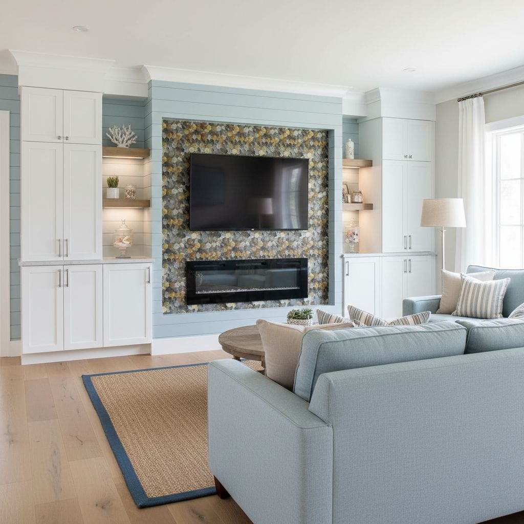 Peel and stick tile wall decor in a modern living room with a TV and fireplace. Easy DIY upgrade for home interiors using pee.