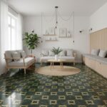 Dark green and gold geometric patterned tile floor, smooth texture, elegant and contemporary design.