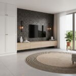 Modern living room with peel and stick wall tile behind TV.