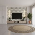 Modern living room with peel and stick wall tile behind TV, featuring a stylish geometric pattern and contemporary decor.