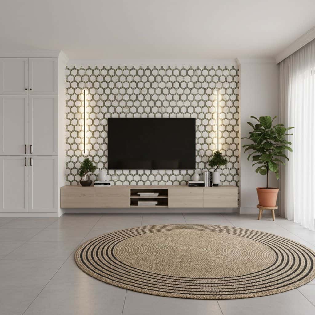 Modern living room with peel and stick wall tile behind TV, featuring a stylish geometric pattern and contemporary decor.