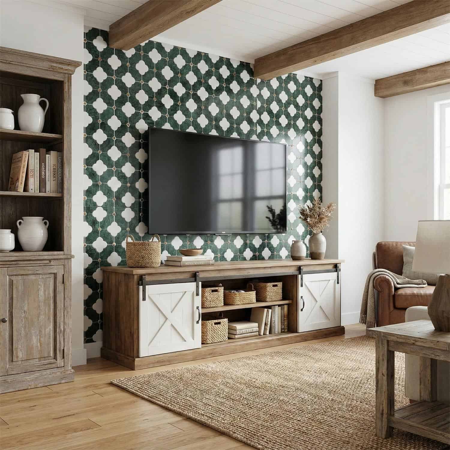 Green and white patterned ceramic tile wall.