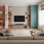 Removable peel and stick tile used as a stylish wall accent behind the TV in a modern living room.