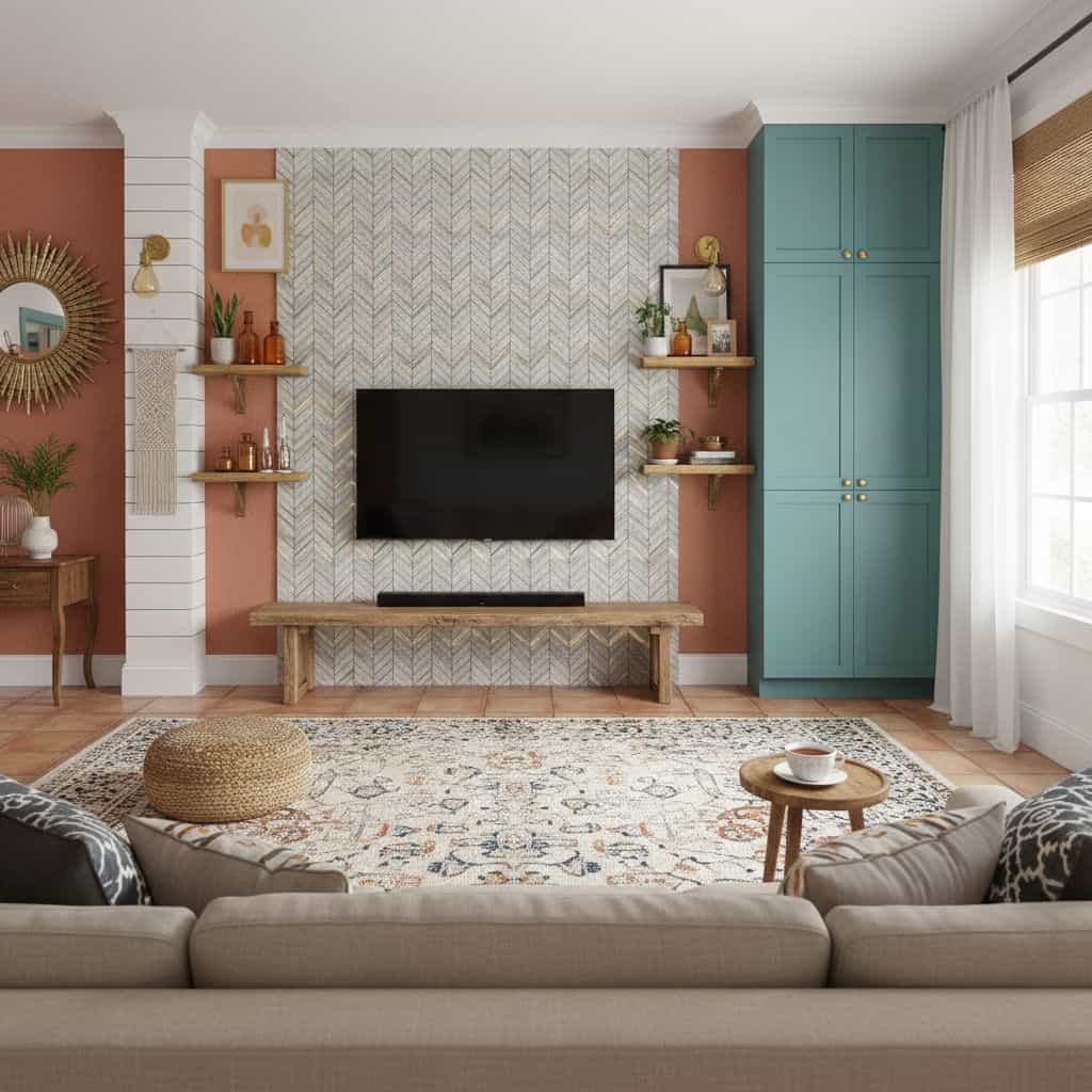 Removable peel and stick tile used as a stylish wall accent behind the TV in a modern living room.