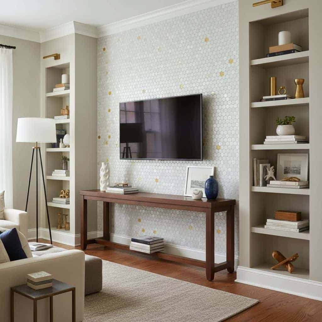A modern living room featuring a wall with mother of pearl shell tiles, creating a shimmering, elegant backdrop behind the mo.