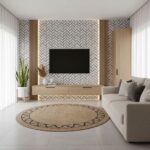 Peel and stick tile backsplash on living room wall with geometric pattern, ideal for easy home decor updates.