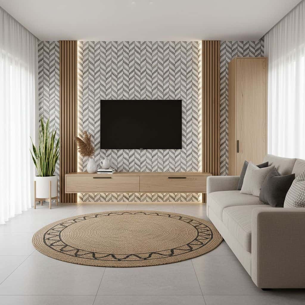 Peel and stick tile backsplash on living room wall with geometric pattern, ideal for easy home decor updates.