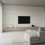 Mother of pearl shell tile with pearl and seashell accents on a contemporary living room wall.