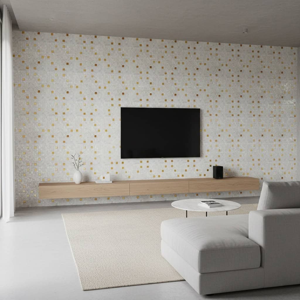 Mother of pearl shell tile with pearl and seashell accents on a contemporary living room wall.