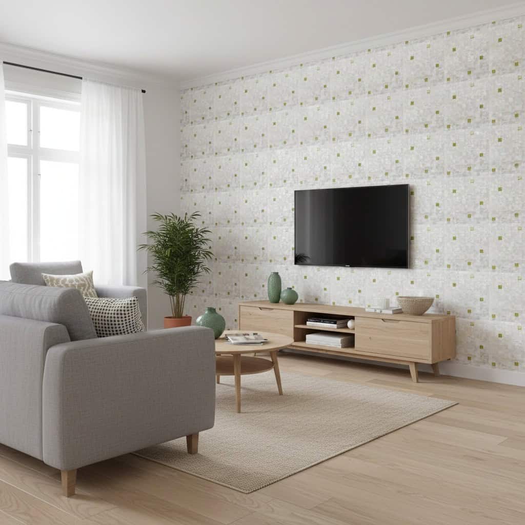 Mother of pearl shell tile wall decor in a modern living room setting.
