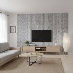 Gray textured tile wall with subtle vertical lines and matte finish, complementing minimalist decor.