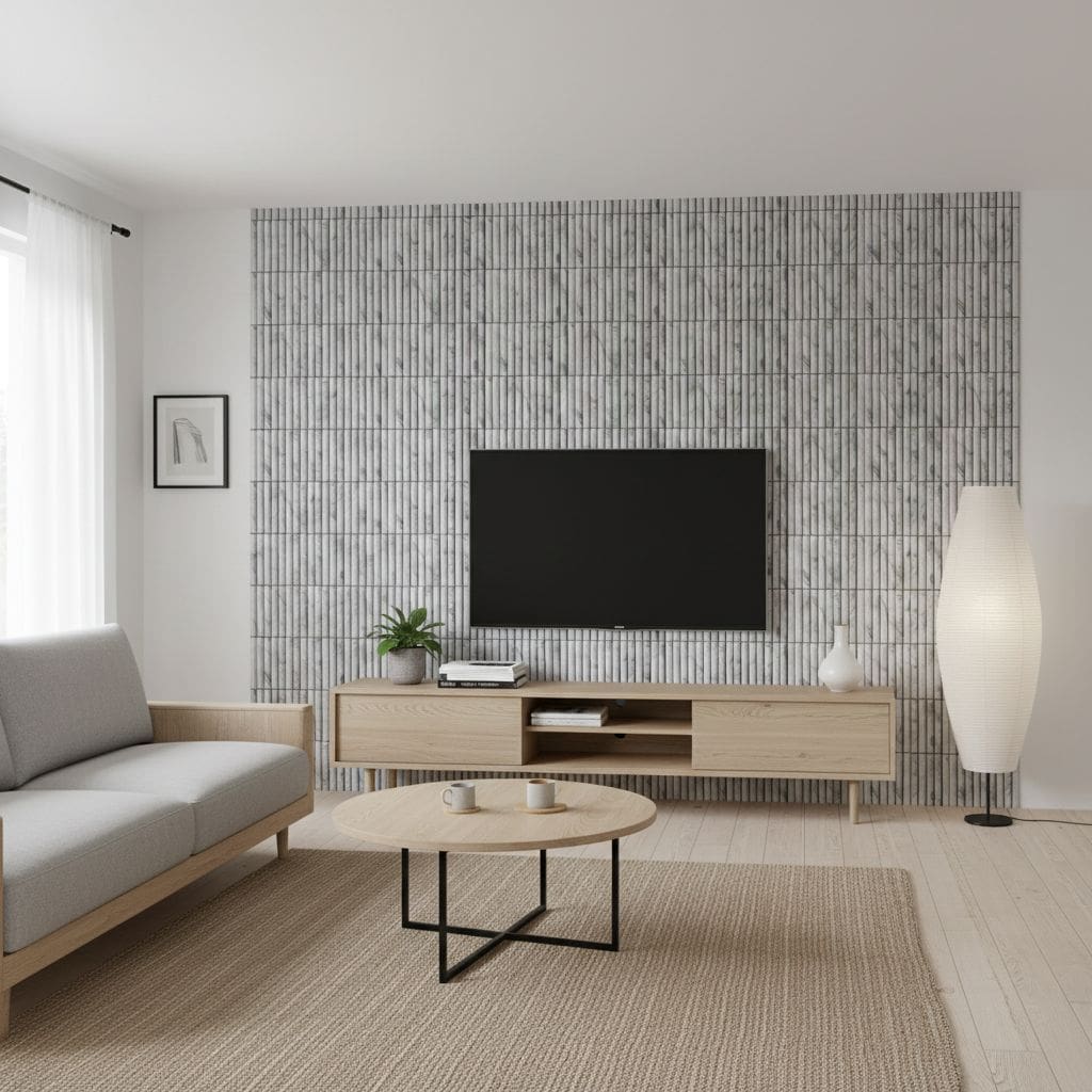 Gray textured tile wall with subtle vertical lines and matte finish, complementing minimalist decor.