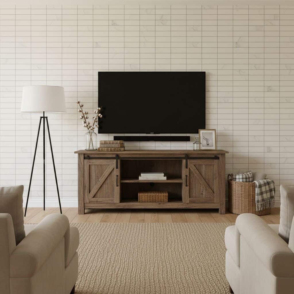 A modern living room featuring a white brick wall, a wooden TV console, and cozy seating. Perfect for contemporary home decor.