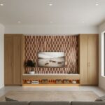 Modern living room with peel and stick wall tile behind TV, featuring a geometric pattern and wooden cabinetry.