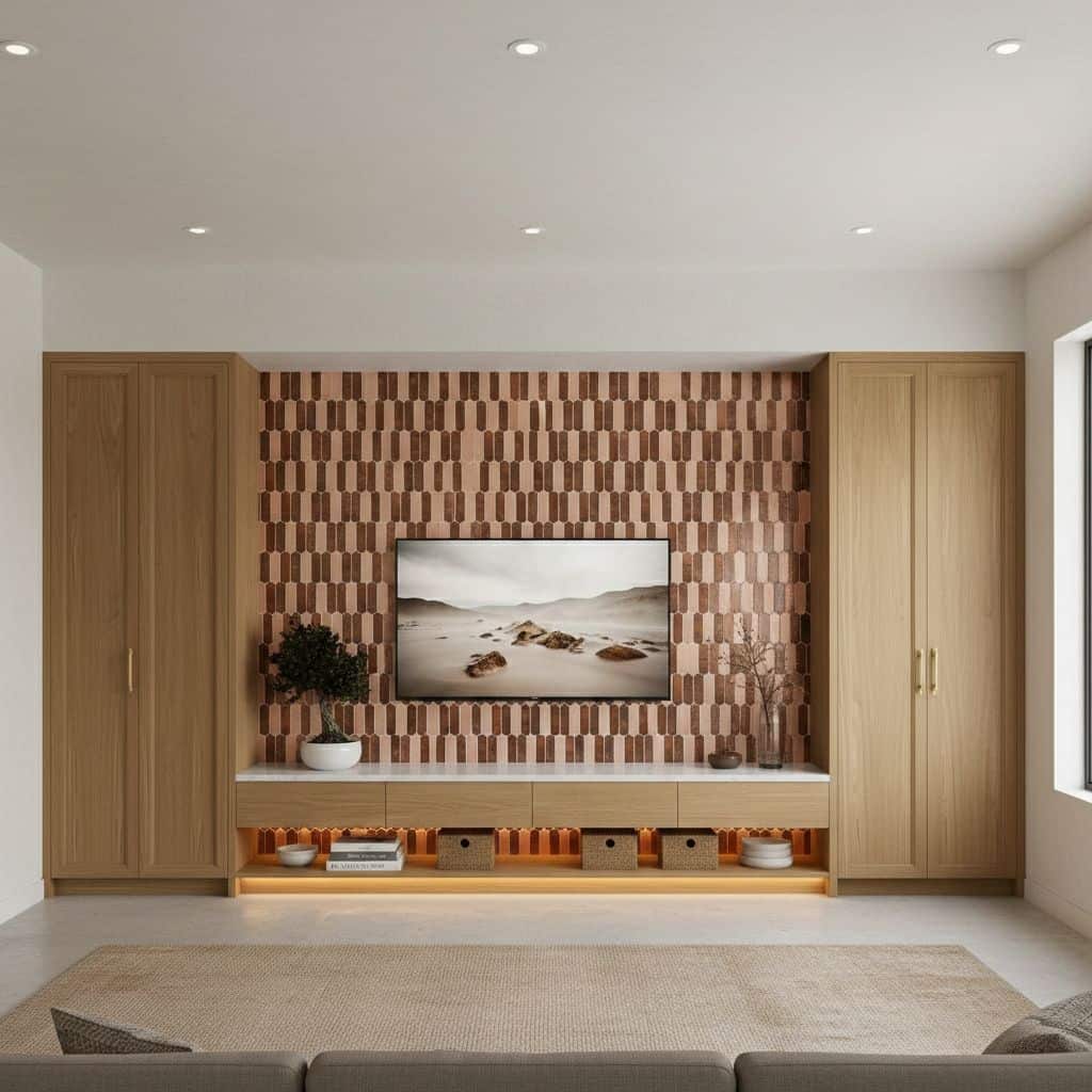 Modern living room with peel and stick wall tile behind TV, featuring a geometric pattern and wooden cabinetry.