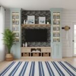 Image of a contemporary living room featuring peel and stick wall tiles behind the TV, with built-in shelves and decorative a.