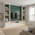 Modern living room with peel and stick wall tile behind TV, creating a stylish focal point.
