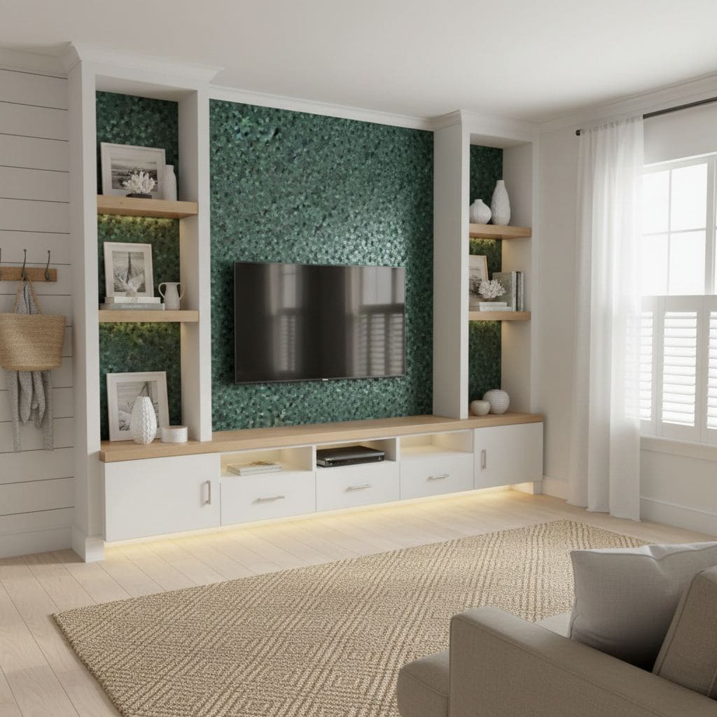Modern living room with peel and stick wall tile behind TV, creating a stylish focal point.