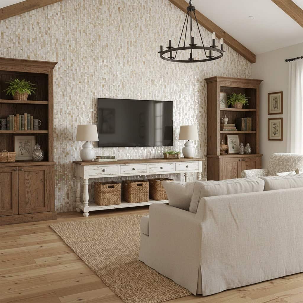 A stylish living room featuring a beautiful wall decorated with mother of pearl shell tiles, adding a touch of elegance and n.