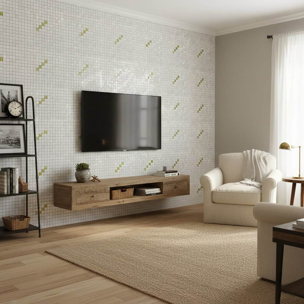 Beautiful shell tile wall with mother of pearl accents in a modern living room setting.