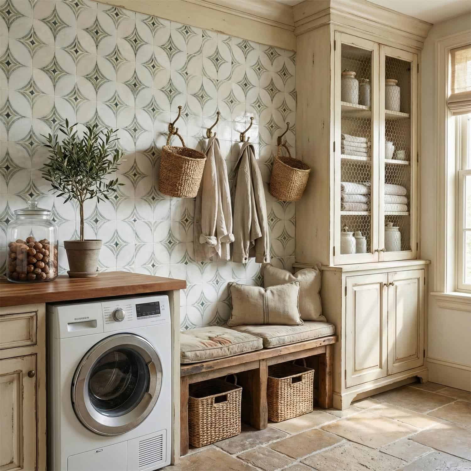 Neutral patterned ceramic tile with vintage style, covering the laundry room wall behind the washing machine and storage cabi.