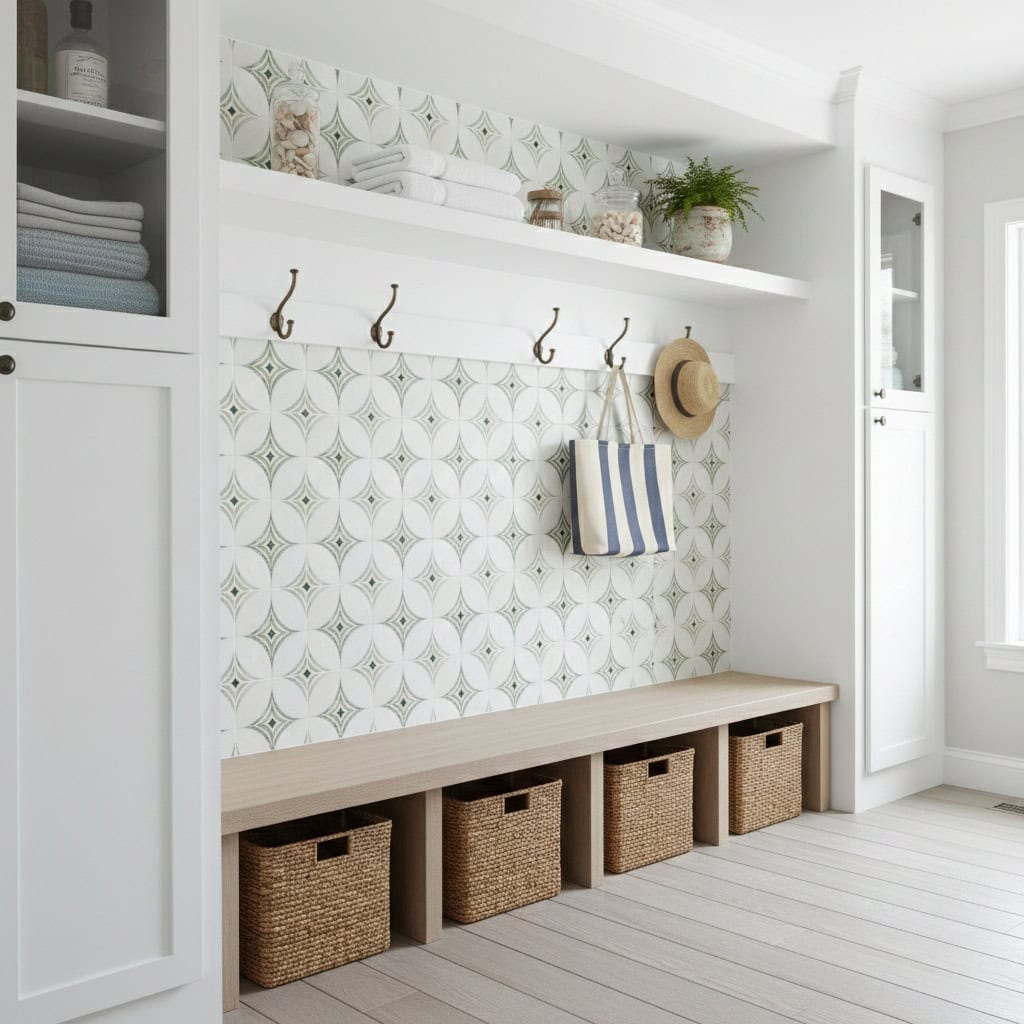 Wall tile with geometric pattern in beige, white, and light green.
