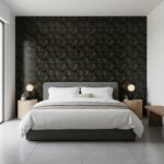 Black textured wall tile with gold geometric patterns, suitable for bedroom accent walls.