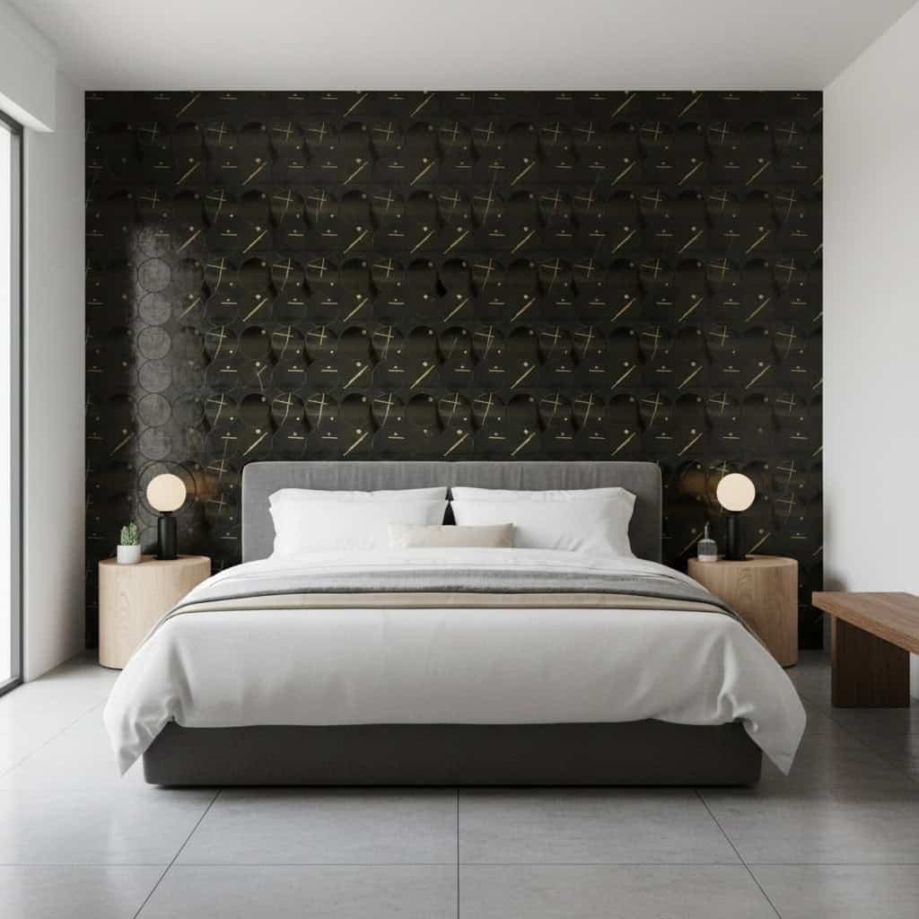 Black textured wall tile with gold geometric patterns, suitable for bedroom accent walls.