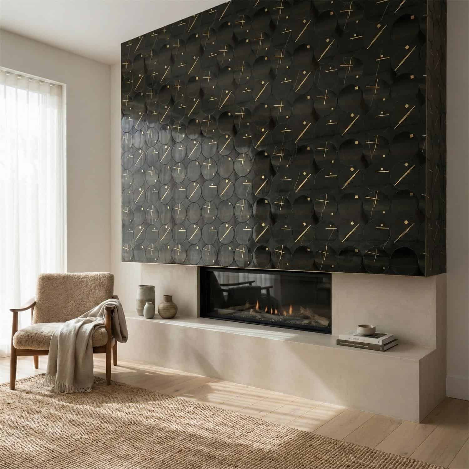 Black and gold geometric patterned tile wall with textured surface.