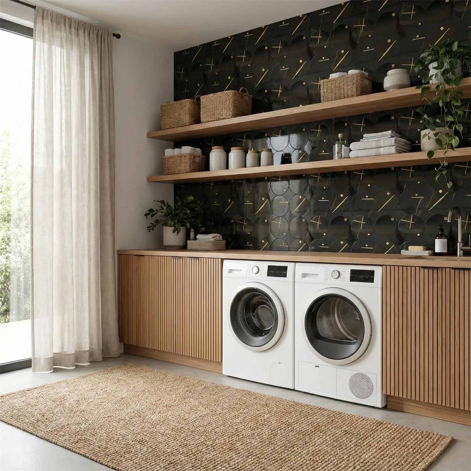 Bright laundry room with black patterned tile wall, wooden cabinetry, and open shelves holding baskets and decor.
