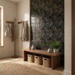 Black and gold geometric patterned wall tile, textured surface, adds elegance to interior decor.