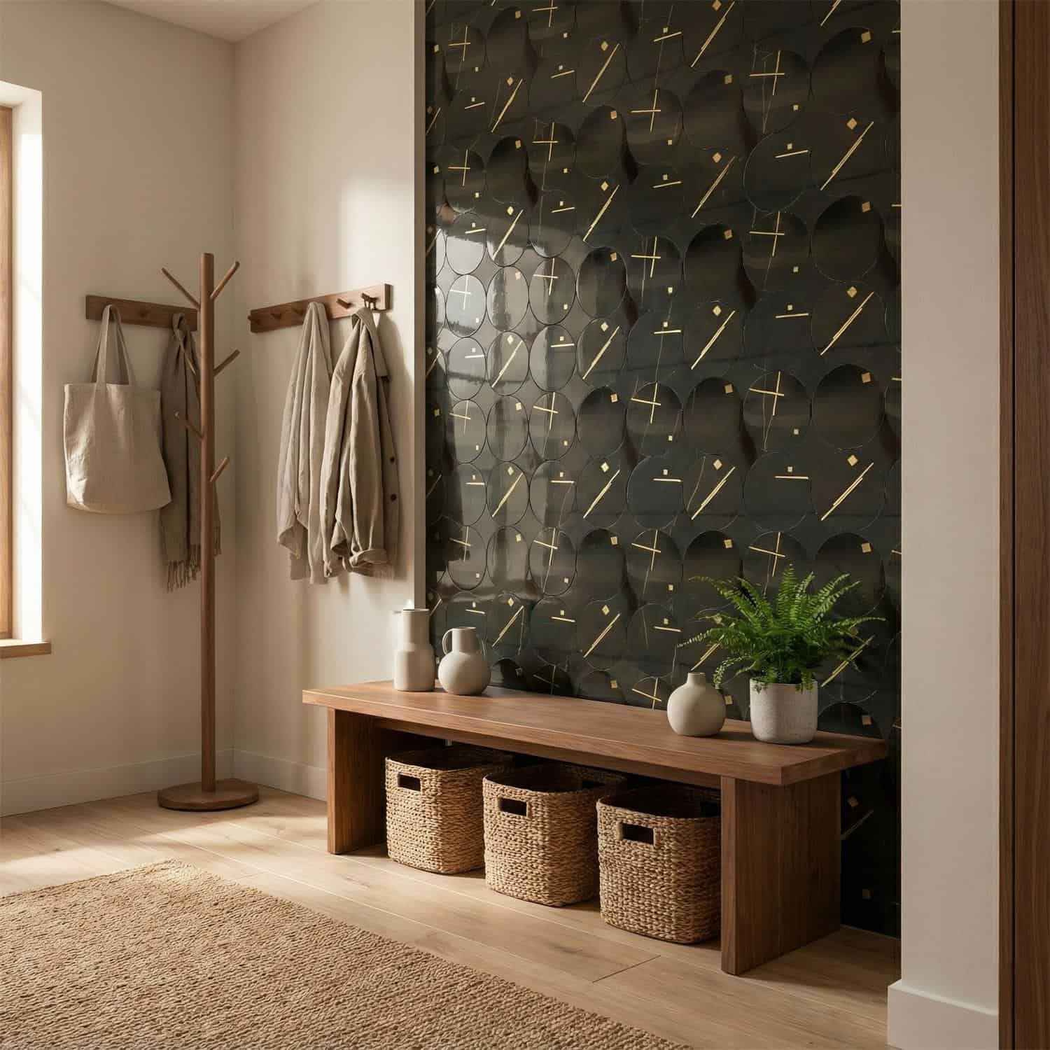 Black and gold geometric patterned wall tile, textured surface, adds elegance to interior decor.
