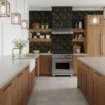 Black marble tile with gold veining, textured surface, used as a backsplash in a contemporary kitchen.