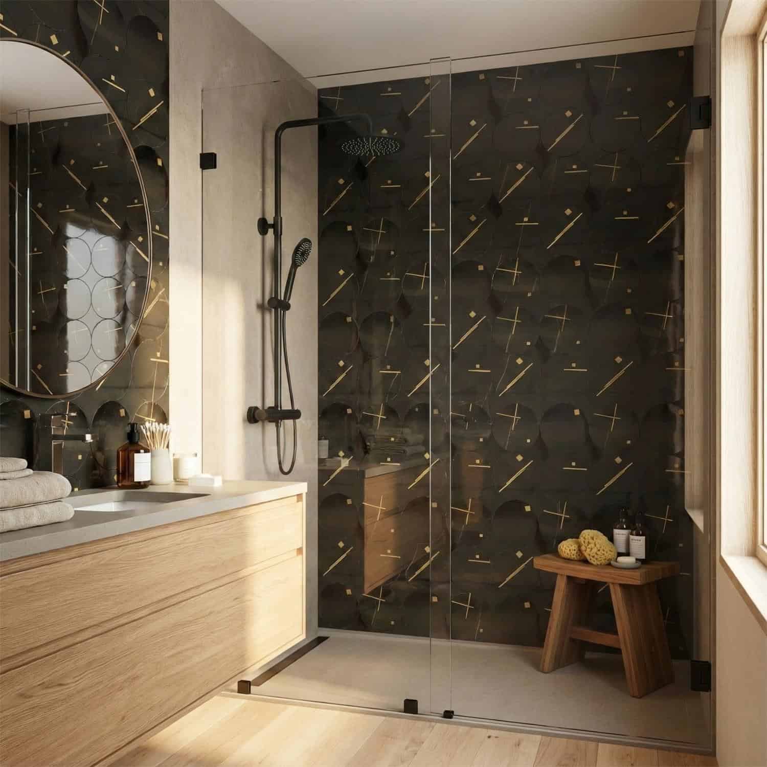 Black marble shower wall with gold accents and textured surface.