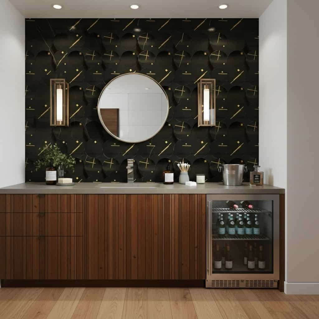Black and gold patterned wallpaper with a round mirror, modern lighting, and a wooden cabinet.