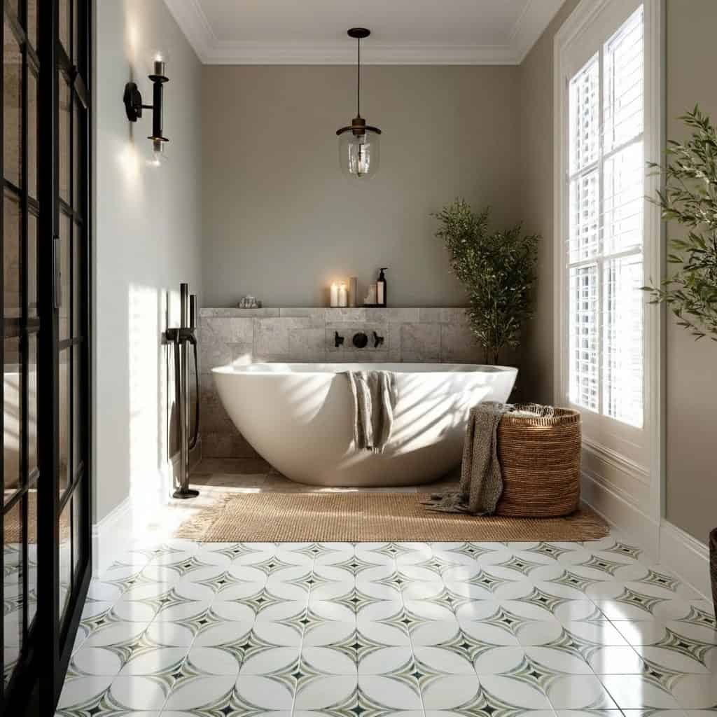 A bathroom featuring white and green patterned ceramic tiles, textured with a glossy finish, complementing the neutral wall c.