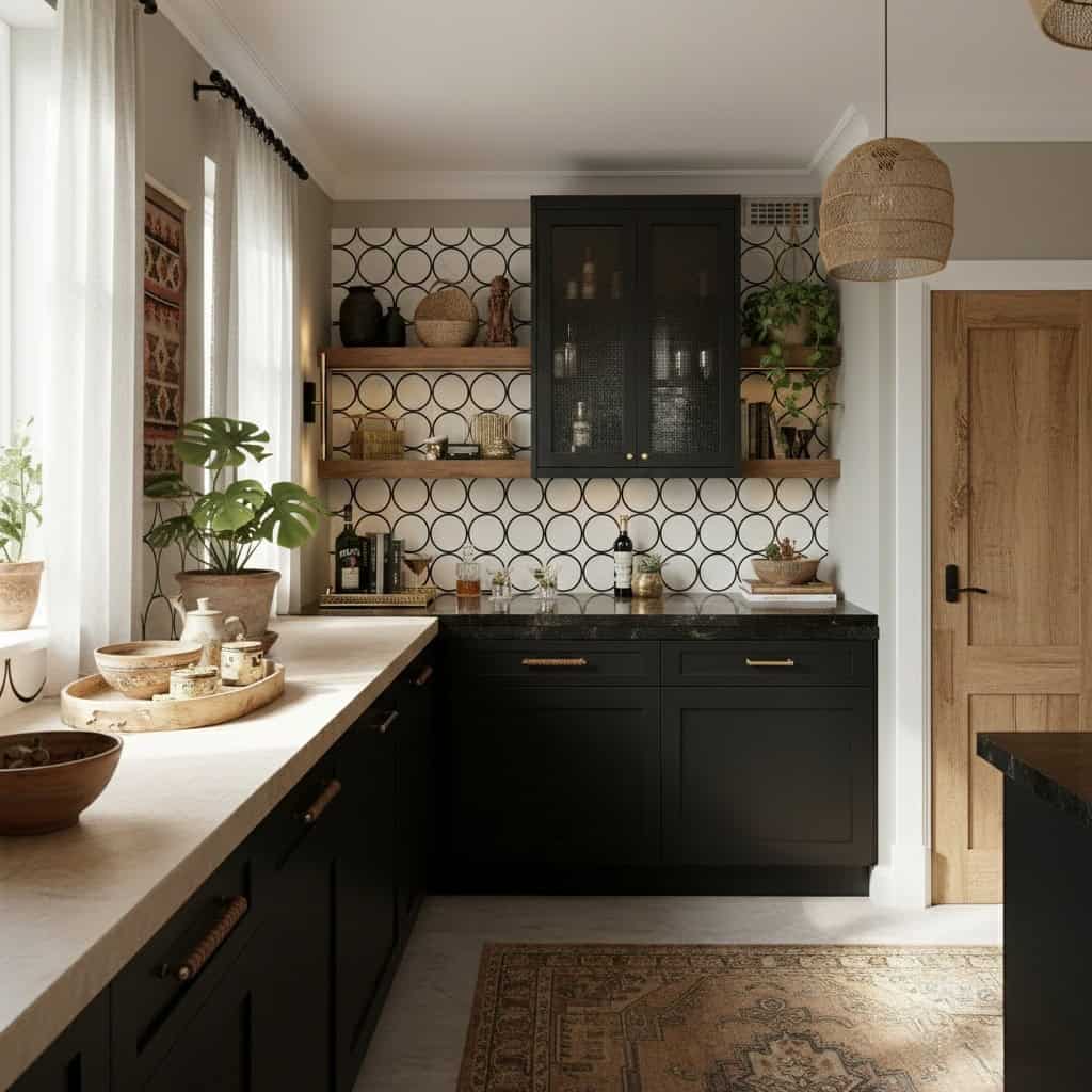 Warm-toned ceramic tiles with textured surface in a modern kitchen setting.