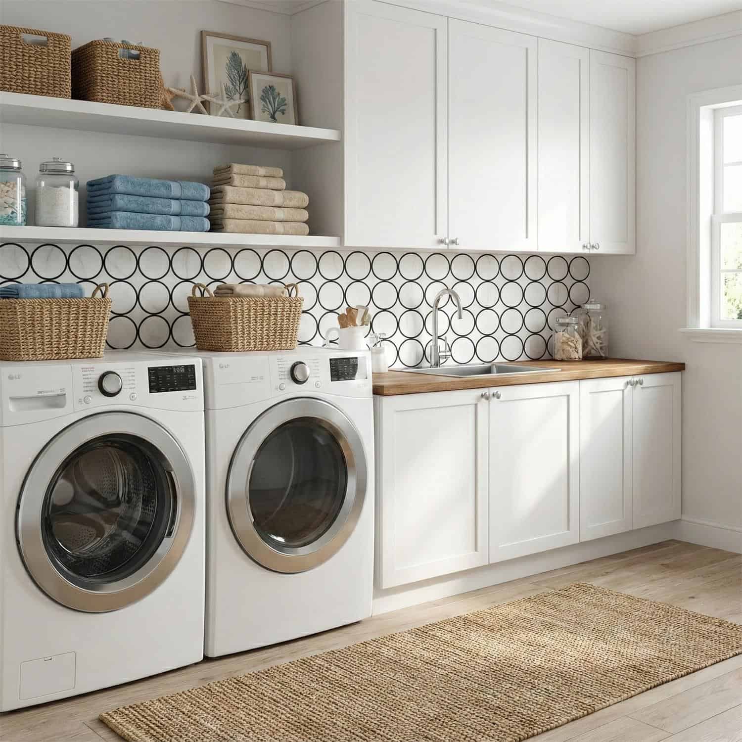 Bright laundry room with white cabinetry, black and white circular patterned tiles, and wooden countertop.