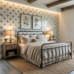 Aesthetic bedroom with patterned wall tiles, neutral bedding, and wooden accents.