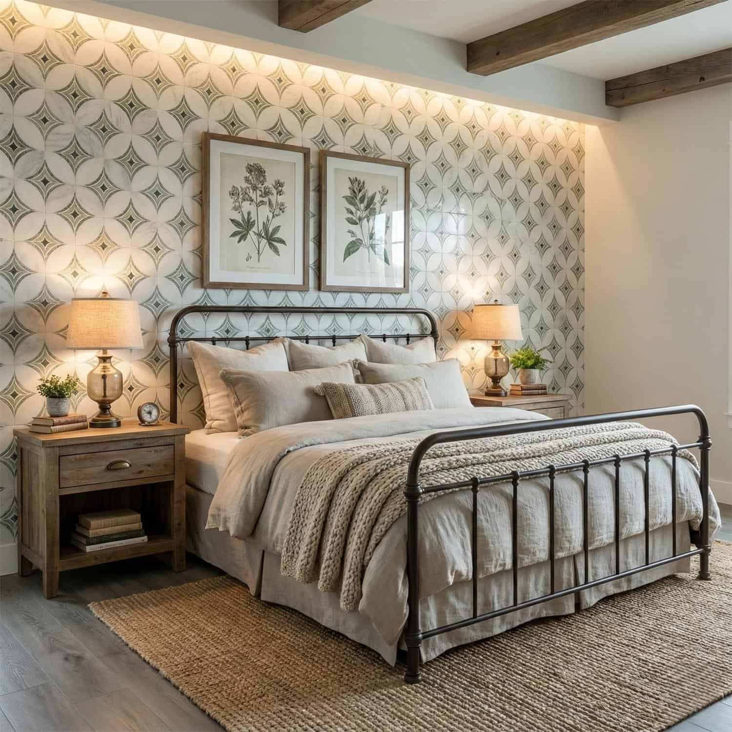 Aesthetic bedroom with patterned wall tiles, neutral bedding, and wooden accents.