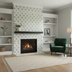 Modern geometric patterned tile in white and light gray surrounds the fireplace.