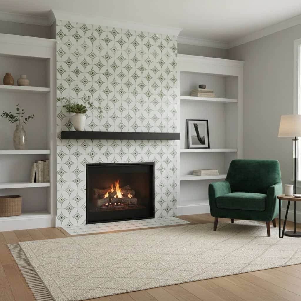 Modern geometric patterned tile in white and light gray surrounds the fireplace.