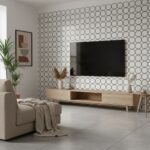 Geometric patterned wall tile in black and white, with a smooth matte finish, used as a stylish accent wall in a contemporary.