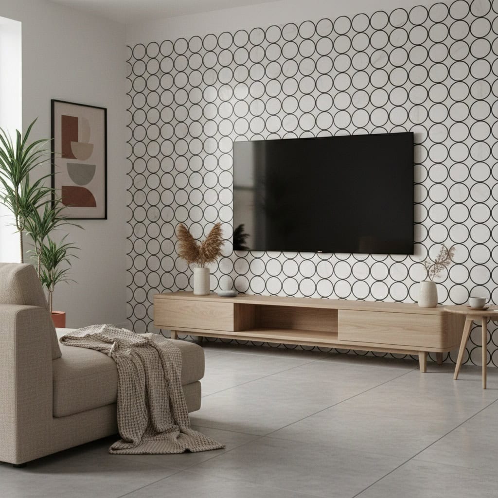 Geometric patterned wall tile in black and white, with a smooth matte finish, used as a stylish accent wall in a contemporary.