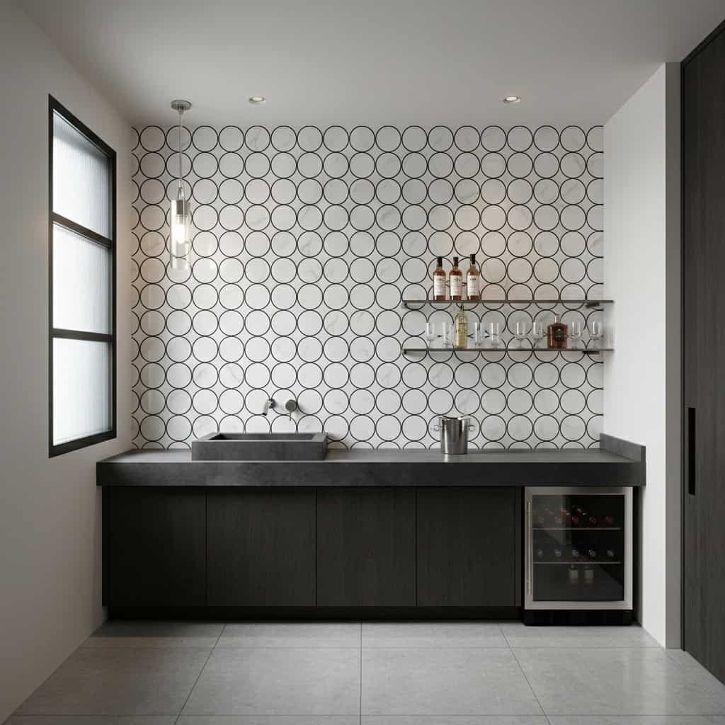 Black and white geometric patterned tile wall in a modern kitchen setting.