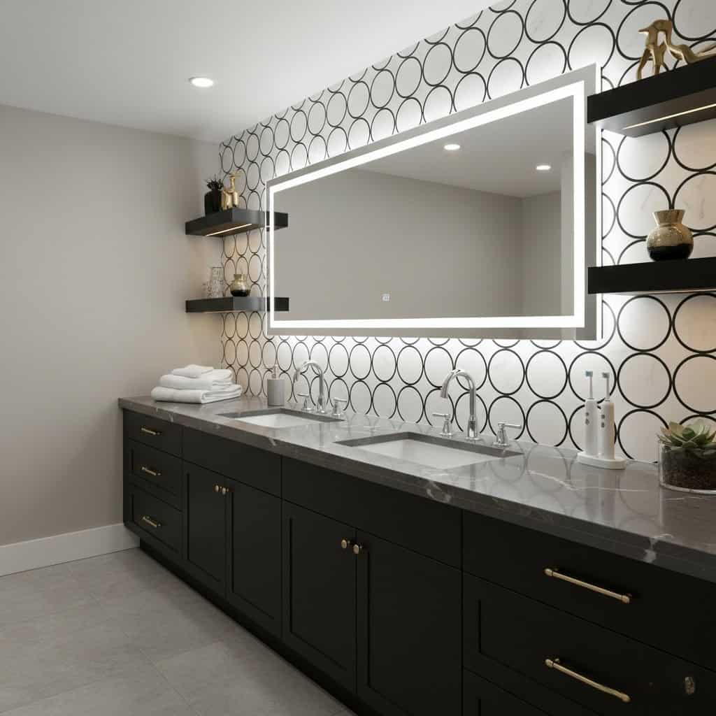 Black and white geometric patterned wall tile with a sleek black vanity and modern mirror.