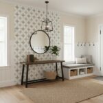 Decorative patterned tile wall with geometric design in neutral tones.
