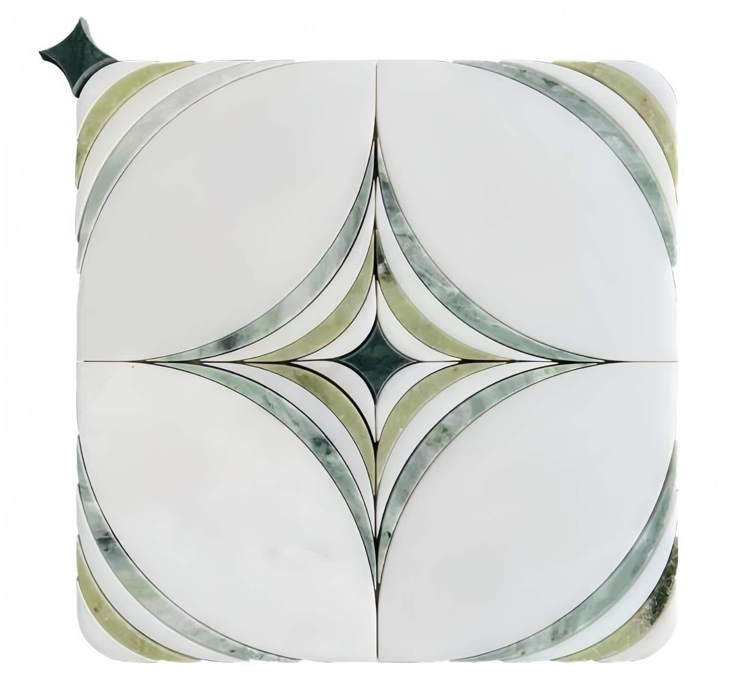 White and green marble tile with a starburst pattern and smooth texture.