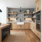 Modern kitchen with glass tile backsplash, wooden cabinets, and open shelving.